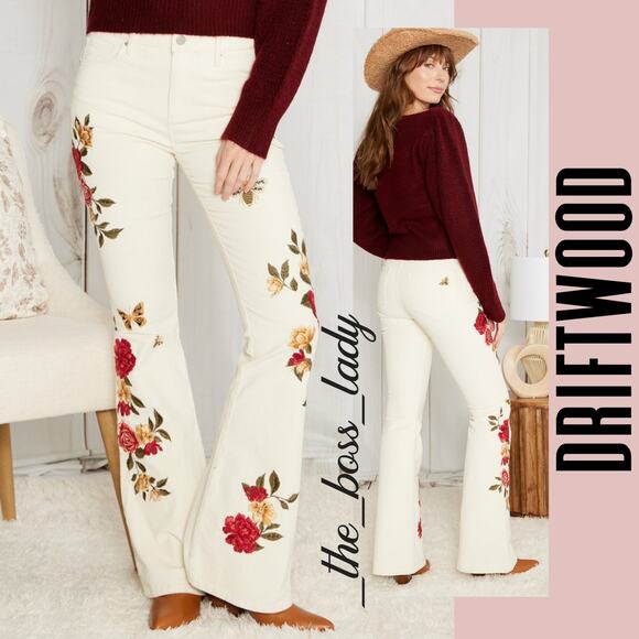 Driftwood x Free People corduroy flare pants high waisted floral embroidery 27 - Picture 1 of 10
